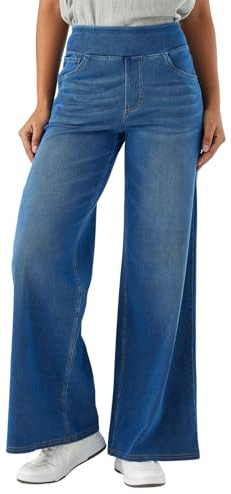 SotRong High Elastic Waisted Baggy Wide Leg Pull On Jeans with Multiple Pockets Tummy Control Straight Leg Casual Loose Stretchy Curve Palazzo Denim Pants Medium Blue M