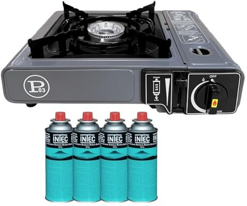 Intec - Hornillo de gas portátil 1 fuego 2,2 KW + 4 cartuchos de gas Butano incluidos, encendido Piezo, camping senderismo cocina exterior