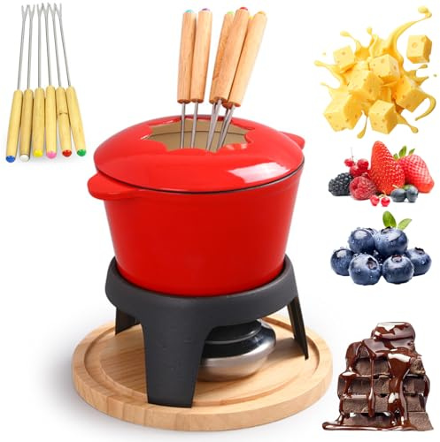 Juego de fondue de queso con 6 tenedores de fondue, quemador de fondue de madera, revestimiento antiadherente, fácil de limpiar, fondue de chocolate para tostar, galletas de malvavisco, fiestas