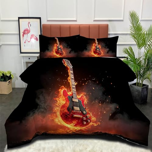 DLERFLOVR Edredón Relleno Nórdico 4 Estaciones Cama 180 230x260cm - Edredón Guitarra Eléctrica Flame Nórdico Ilustraciones Musicales Suave Transpirable para Invierno, Primavera y Otoño, Naranja