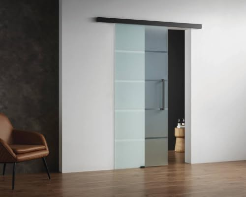 GME - Puerta Corredera 85x220cm Negra | Puerta de Paso Corrediza con Cristal y Herrajes Silenciosos |Ideal para Comedor o Cocina | Vidrio Templado 8mm