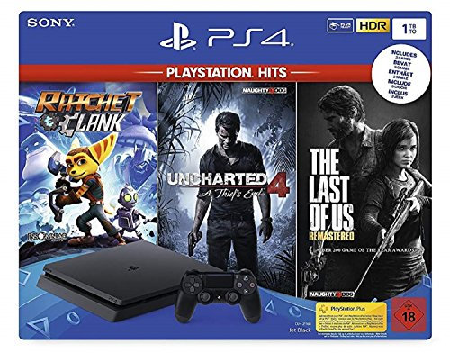 PlayStation 4 Konsole (1TB) inkl. 1 DualShock 4 Controller + PlayStation Hits (The Last of US Remastered + Uncharted 4: A Thief's End + Ratchet & Clank)