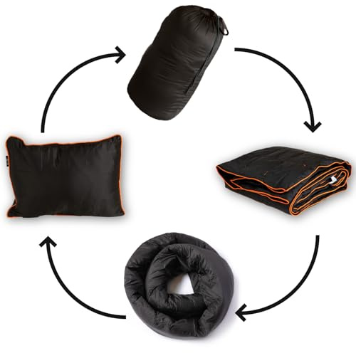 NAPRO Travel Pillow & Camping Blanket, 3 in 1 Ripstop Nylon Infinity Pillow & Square Travel Pillow Cases with 82 X 54 Synthetic Down Filled Blanket/Poncho/Pillow Fill, Adventure, Black/Orange