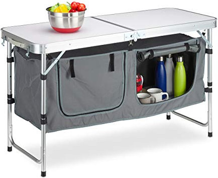 Relaxdays Campingtisch klappbar, höhenverstellbar, stabil, Campingschrank, Aluminium & MDF, BxT 120 x 47 cm, Silber/weiß