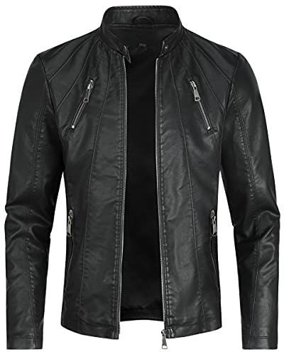 Sliktaa Herren Jacke aus Kunstleder mit Stehkragen Übergangsoberteil Lässig Motorrad Piloten Reißverschluss Casual Klassisch Lederjacke(Schwarz 2 M)
