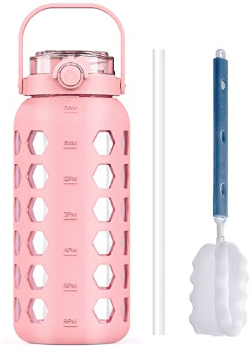 MUKOKO Half Gallon/64 oz Glass Water Bottles with Straw and Lid,Motivational Water Jug with Time Marker Reminder and Silicone Sleeve,100% Leakproof BPA Free Fitness Sports Large Bottle-Pink