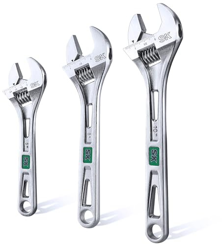 SK 3-Piece Adjustable Wrench Set, 6-Inch, 8-Inch, 10-Inch, Cr-V Steel, SAE & Metric Scales