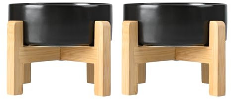 SPUNKYJUNKY Hundenapf Keramik Erhöhter Futternapf Set mit Bambus Ständer für Katzen und Hunde (1800ml, Schwarz)