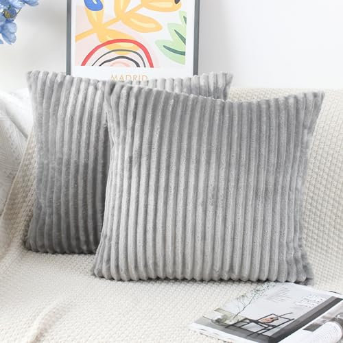 NIULAA Grau Cord Kissenbezug 40x40 Kissenbezüge Kordsamt 2er Set Gestreift Plüsch Kissenhülle Flauschig Deko Kissen Bezüge Quadratisch Kord Sofakissen Zierkissen Wohnzimme