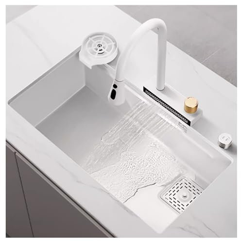 Vit diskho med en skål, vattenfallshandfat, diskho i rostfritt stål, underlimmad diskho, hushållstvättställ, multifunktionell diskho med kran, skärbräda (Size : 60x45cm(23.62x17.71in))