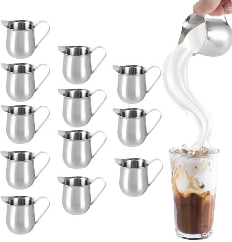 12 PCS Small Milk Jug, XPJBKC 90 ml Stainless Steel Milk Jugs, Gravy J UG with Handle, Milk Frothing jug, Metal Small Sugar Pot, Mini M Ilk Pouring Creamer Pitcher for Coffee Sauces