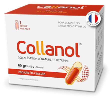 Collanol – innovation dans le soin des articulations saines. Formule liquide dans une double gélule, Collagène 3D + extrait micellaire de racines de curcuma. 1 capsule/jour.(60 Prises)