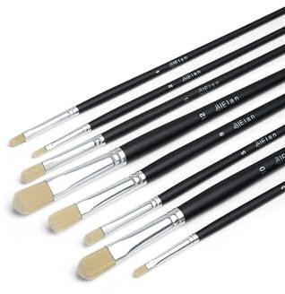 Elan Juego de 8 pinceles para lengua de gato, sintéticos, cerdas de cerdo para pintura al óleo, cepillo de cerdas de mango largo, juego de pinceles para lengua de gato