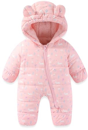 JiAmy Baby Toddler Snowsuit Winter Romper Suit, Baby Boys Girls Bear Hooded Footed Romper Snow suits Cartoon Zipper Jumpsuit Winter Outfits Clothes Pink 18-24 Months