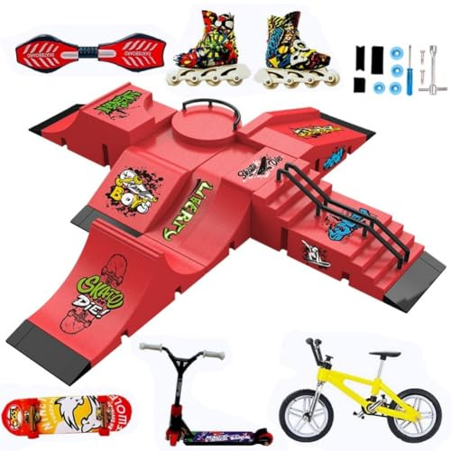 Kit per skateboard, con 13 pezzi di skateboard, rampe, pattini, scooter, biciclette e tavole con rotelle, divertenti mini finger board per allenamento (rosso)