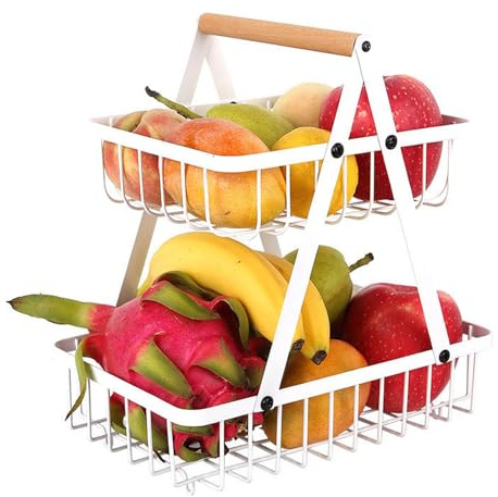 NUWIQ Fruteros de Cocina, Cesta para Fruta de 2 Niveles, Cesta de Frutas de Metal, Almacenamiento Canasta, para Frutas Verduras Snacks en Casa Cocina Oficina, Blanco