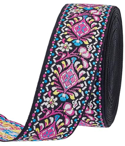PH PandaHall 9.14m Nastro Jacquard Vintage Nastro Etnico Ricamato, 4cm Bordatura in Tessuto Floreale Ricamato per Decorazione Borse Abbigliamento Mobili, Fucsia