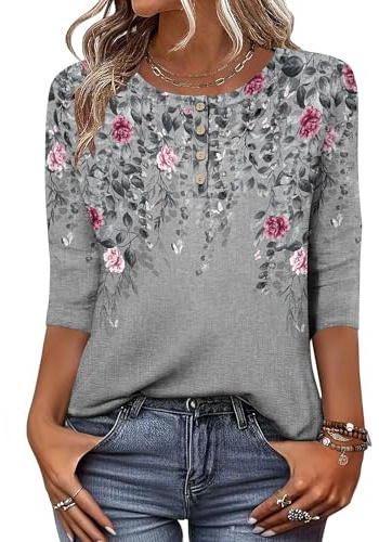 Zeagoo Women Tops 3/4 Sleeve Blouses Elegant Henley Floral Gray Tunic M
