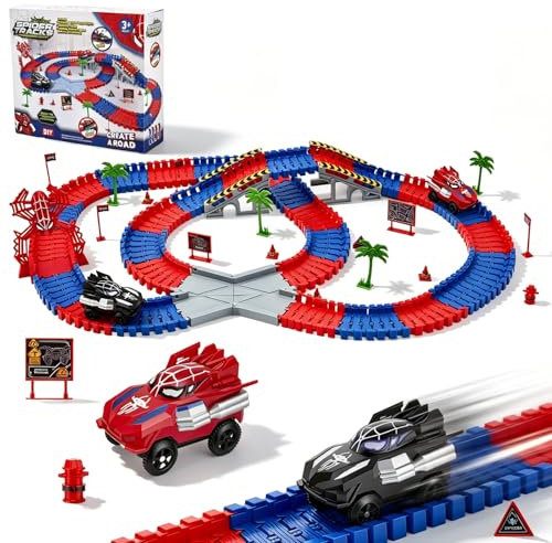 Spider Circuit Voiture, Circuit Voiture Enfant, Flexible Circuit de Course Électrique avec 2 Voitures, Jouet Garçon 212 Pièces, Idée Cadeau Anniversaire Noël pour Enfant de 3 à 8 Ans