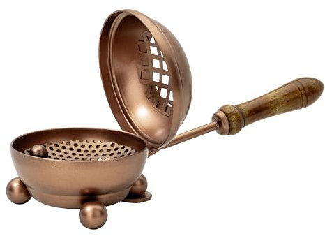 MaMeMi Räucherpfanne Kupfer mit Holzgriff [Durchmesser 8 cm, Länge 22 cm] Aus Eisen, kupferfarben. Mit herausnehmbaren Siebeinsatz
