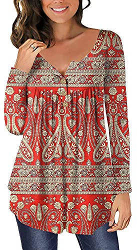 Chemise Manche Longue Femme Tunique Boutons Tee Shirt à Floral Blouse pour Femmes Top