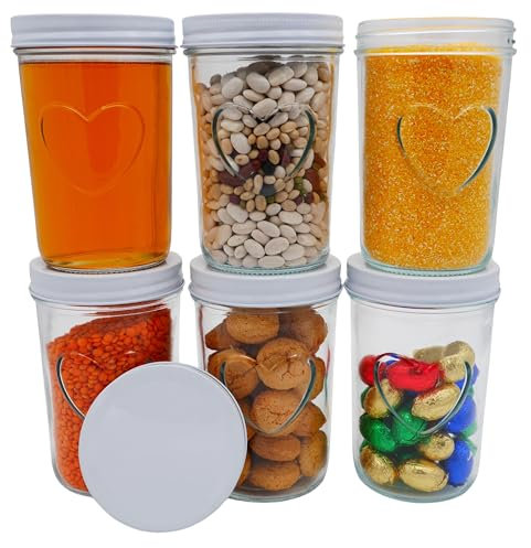 megusta!® 6 bocaux avec coeur embossé | 500 ml | couvercle blanc | pots à confiture, pots à cornichons, bocaux à provisions | Cuisson + Congélation
