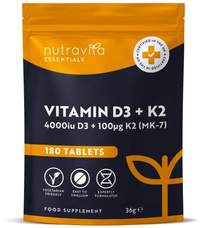 Vitamin D3 4000 iu & Vitamin K2 100μg (MK7) – 180 Vegetarian Tablets – 6 Month Supply - High Strength Vitamin D Supplement for Bones, Muscles & Immune System – Nutravita