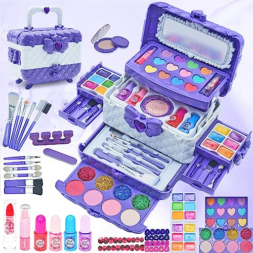 Juego de maquillaje infantil para niñas, 57 piezas, lavable, para Navidad, cumpleaños, regalos para niñas de 4, 5, 6, 7, 8, 9, 10, 11, 12 años, lila