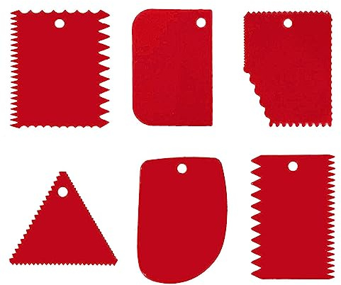 LIERFIS 6-Piece Dough Spatula Set, Dough Scraper Card, Cake Scraper, Toothed Spatula, Cake Smoother Spatula for Cakes, Pastries, Icing, Bread Baking (Red)