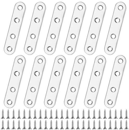 Mending Plates Flat Brackets, 12 PcsFlat Plate Straight Brackets | Stainless Steel Flat Straight Brace Bracket, Corner Fixing Bracket Joining Plates for Furniture Wood, with 48 Screwstes