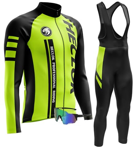 Uomo Ciclismo Autunnale Complet Abbigliamento Ciclismo Set Manica Lunghi Tuta Ciclismo＋Pantaloni Ciclismo con 9D Imbottitura in Gel＋Occhiali Antivento da Ciclismo (TYP-4,M)