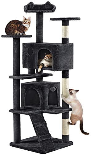 Yaheetech Albero Tiragraffi per Gatti 178 cm con 3 Posatoi 2 Palle 2 Condomini 3 Tiragraffi a Corda di Sisal Gioco Giocattolo Nero