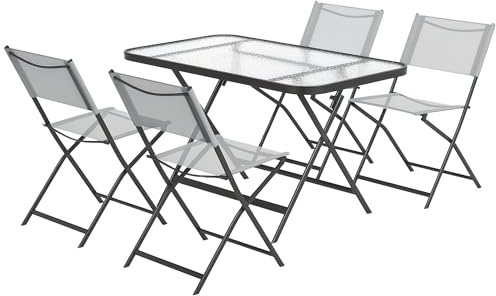 Outsunny Ensemble de Jardin 4 chaises + 1 Table Salon de Jardin 5 pièces pilables chaises textilènes et Plateau en Verre trempé Gris