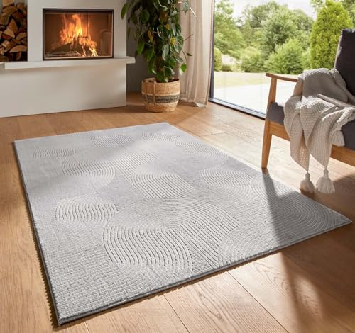 Taracarpet Kurzflor Boho Skandi Polyester Teppich in 3D Optik waschbar, pflegeleicht und robust ideal fürs Wohnzimmer, Schlafzimmer und Kinderzimmer auch als Badematte Grau Wellen 120x170 cm