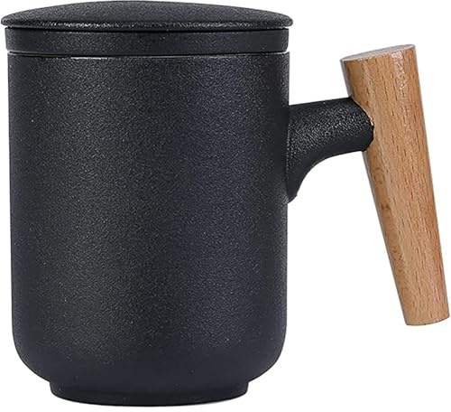 MAGICVOGEL Keramik Teetasse mit Teesieb und Deckel,300ml Teebecher mit mit Holzgriff matte Oberfläche Keramiktasse Losen Tee Becher Geschenk (Schwarz)