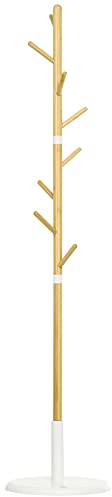 HOMCOM Albero Appendiabiti a 8 Ganci con Base Rotonda, Appendiabiti da Terra in Bambù, Legno e Metallo, Ø37.8x175.6 cm, color Legno e Bianco