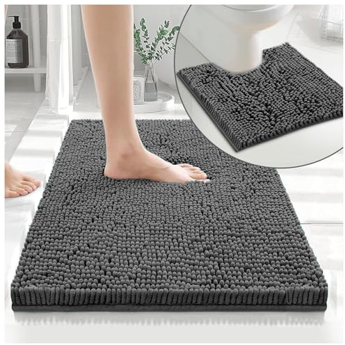 GC GAVENO CAVAILIA 2 Piece Non Slip Rubber Backed Mats - Super Absorbent Antibacterial Toilet Carpet Mat - Quick Dry Microfiber Chenille Rug Washable Bath Mats - Charcoal