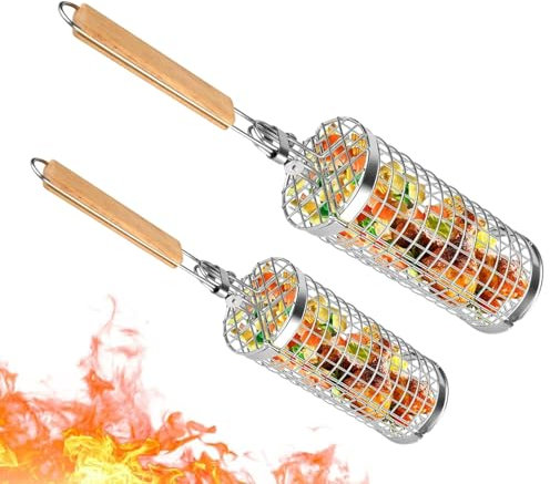 Tyinerc Rolling de Canasta de Parrilla, cestas de Parrilla de anidación de Barbacoa | Cesta de Verduras de Barbacoa - Conjunto de 2 Herramientas de Barbacoa de Acero Inoxidable Plegable con Mango de