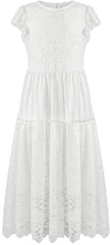 Rolanko Abito in Pizzo per Ragazza, Vestito Principessa Lungo con Maniche a Volant per Matrimonio Feste da Prima Comunione, Bianco, 5-6 Anni, 120