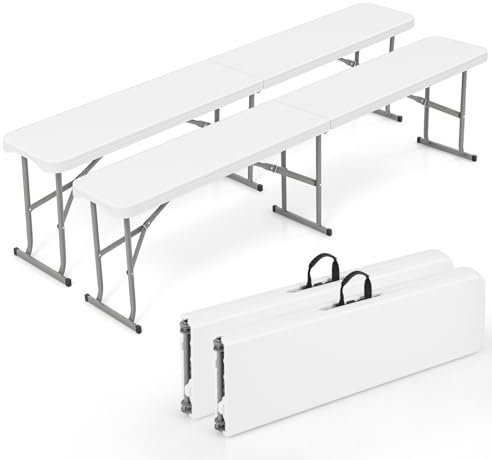 GOPLUS Bierbank klappbar, 182 x 27,5 x 43 cm Klappbank wetterfest aus HDPE Kunststoff, Faltbank Campingbank mit Tragegriff bis 300kg belastbar, Sitzbank Outdoor für Camping Garten Party (2, Weiß)