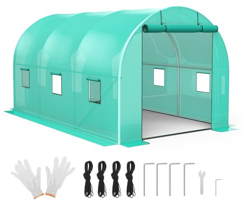 Invernadero, 240 x 400 x 210 cm, con base de acero, 2 puertas y 6 ventanas, túnel de acero galvanizado con anclaje de tierra y lámina protectora de rejilla reforzada, resistente al invierno para