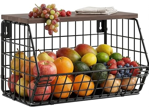 Cesto per la frutta, fruttiera sospesa, cestini da cucina sospesi, cestini da cucina, contenitori da parete, impilabili, con coperchio in legno e viti, per conservare verdura, frutta e snack, nero