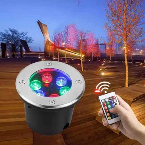 GUODDM RGB Color Changing Floor Light, Ground LED Landscape Lights, with Remote Control Spotlights, IP67 Waterproof Adjustable Brightness Led Recessed Floor Spotlight(6W(110-220V))