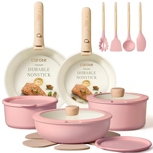 CAROTE 19pcs Pots and Pans Set Non Stick, Detachable Handle Cookware, Pink