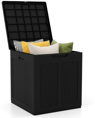 GiantexUK Garden Storage Box, Outdoor Large Deck Box with Lockable Lid, Waterproof Chest Container for Patio Cushions and Gardening Tools (Rattan Effect, 56 x 56 x 60.5cm, Black)