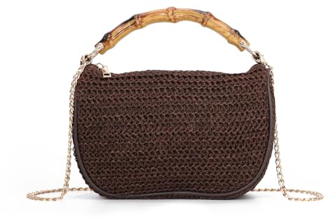 Freiesoldaten Women Straw Crossbody Bag, Boho Woven Small Shoulder Purse with Faux Bamboo Handle, Detachable Metal Chain Strap Casual Handbag for Summer Beach Vacation Travel Daily Use