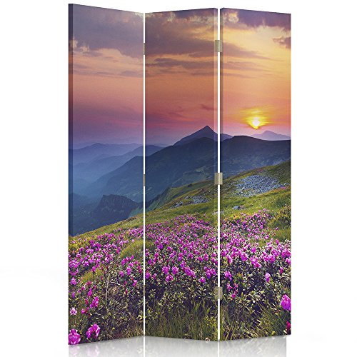 Feeby Paravent Vue Clairière Montagnes Fleurs Coucher De Soleil 3 Panneaux 110x150 cm Une Seule Côté Cloison De Séparation Écran Pliant Impression sur Toile Chambre d'enfant Salon Bureau Multicoloré
