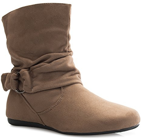 Olivia K Womens Low Heel Slouch Suede Slip On Casual Ankle Boots with Ring Buckle and Side Zipper