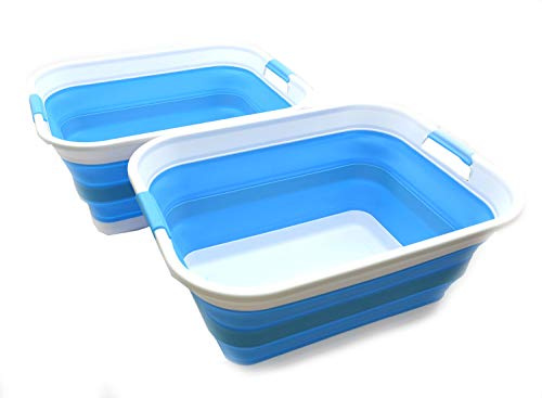 SAMMART 42L(11 gallon)Set of 2 Collapsible Plastic Laundry Basket-Foldable Pop Up Storage Container-Portable Washing Tub-Space Saving,Water capacity 34L(9 gallon) (2 rectangular - stengthen, Sky Blue)
