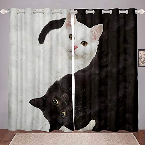 Homemissing Tende per finestra con gatti e gatti, colore: nero, bianco, per camera da letto, soggiorno, per ragazzi, gatti, con motivo 3D, per gli amanti dei gatti, W66 x L72